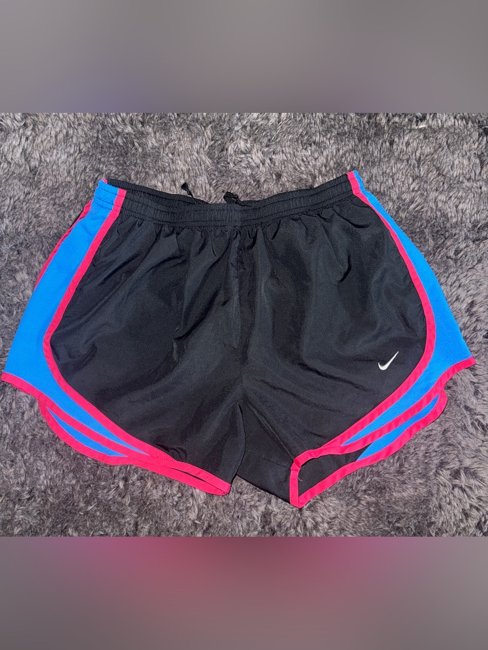 Nike Women's Black Running Shorts with Blue Panels and Pink Trim